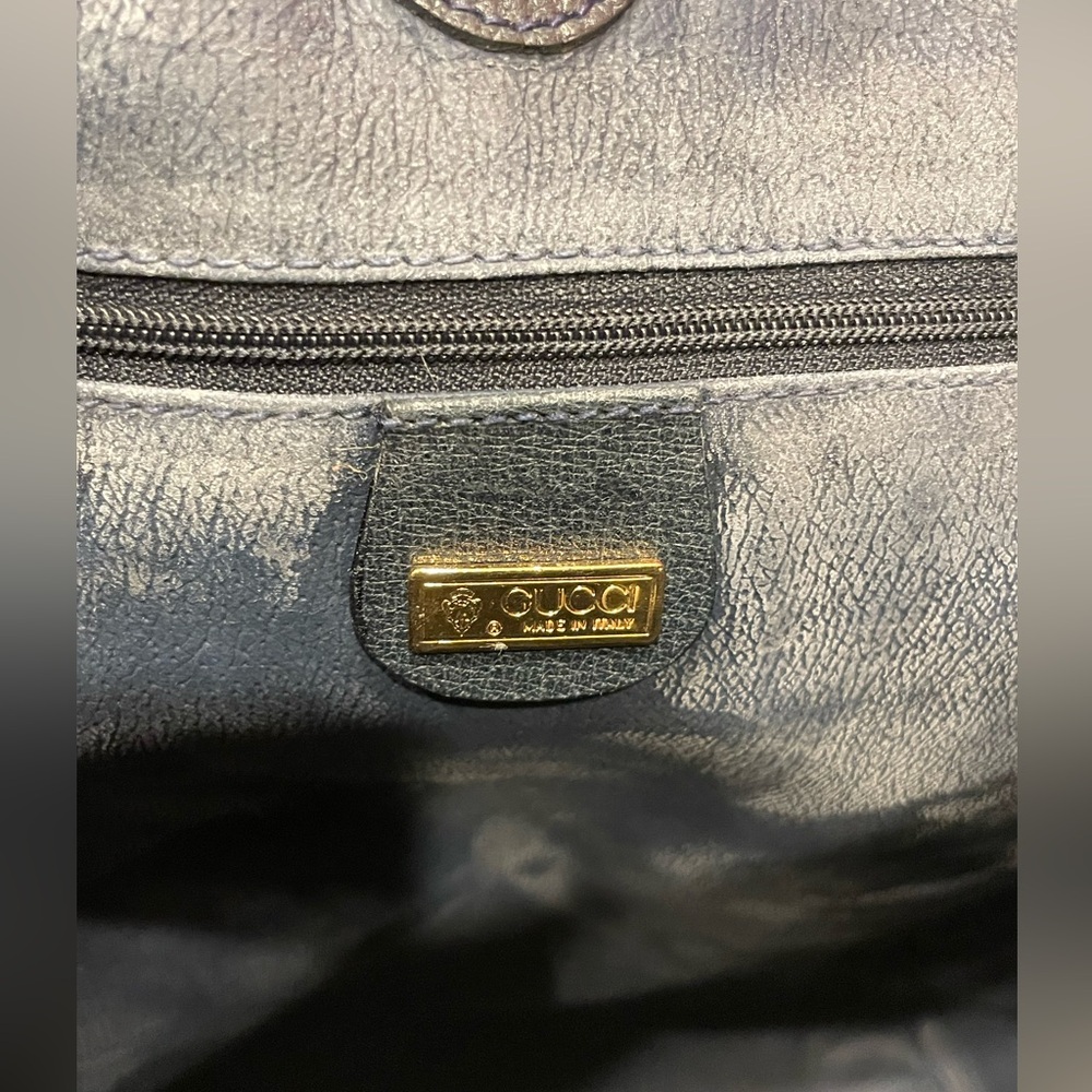 SOLD GUCCI Vintage Navy GG Monogram Large Tall Travel Tote Leather Canvas Bag - Picture 6 of 9